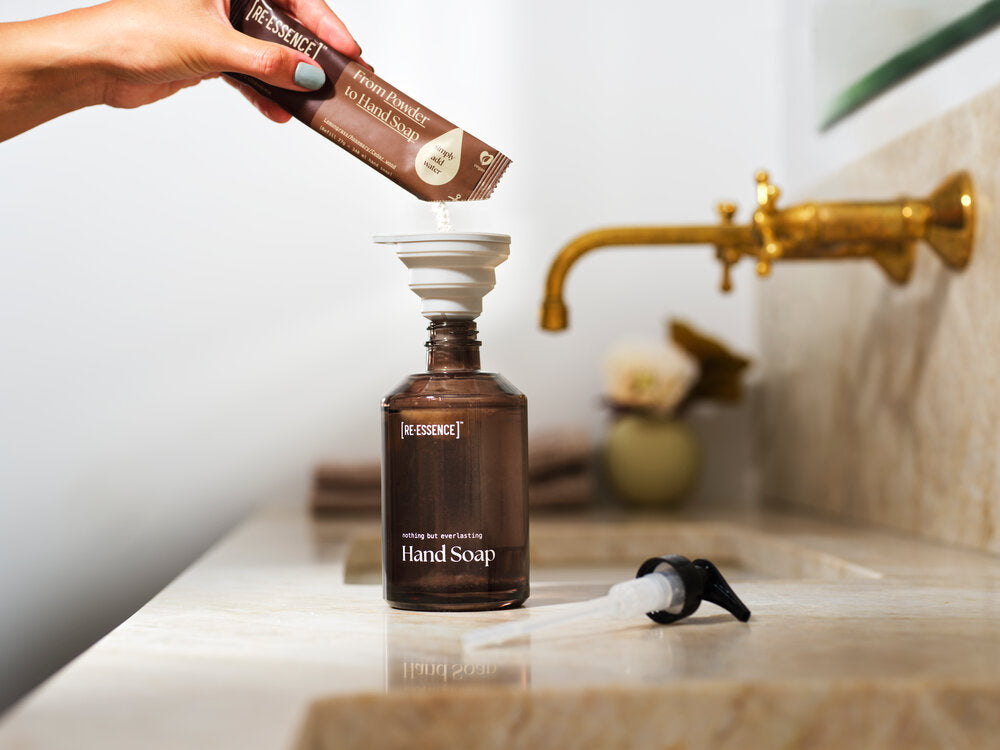 Håndsæbesæt m. genanvendelig glasdispencer - lavendel/fyrrenål